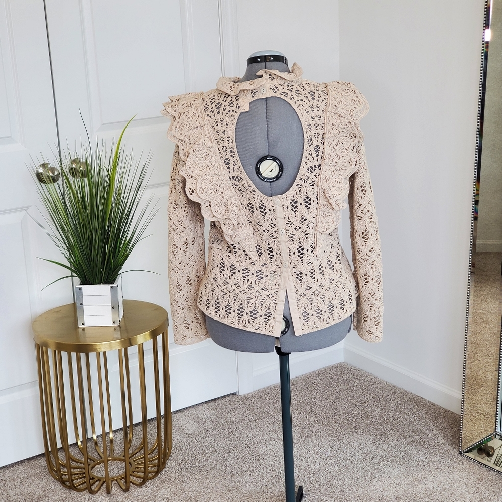 H&M Women's Crochet Ruffle Blouse, Cream (Size XL) - Picture 4 of 8